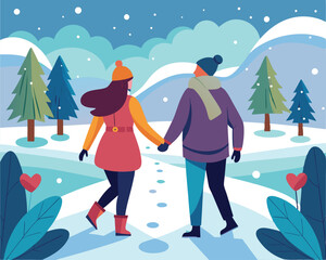 Fototapeta premium Romantic Winter Walk. Couple Holding Hands in Snowy Landscape