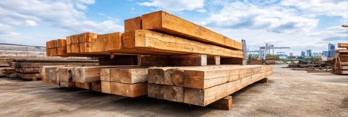 Wooden Beams Stacked on Construction Lot With Open Sky Above in Urban Setting