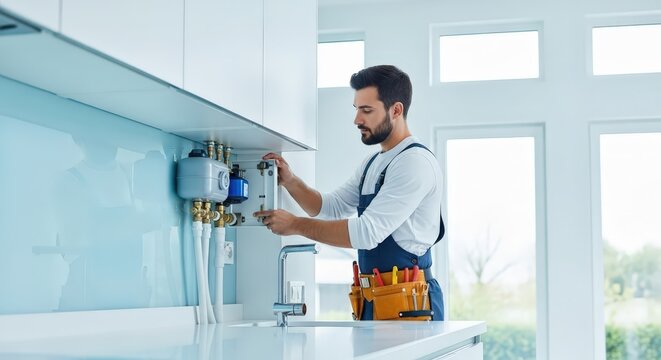 Man plumber installing a water filter under sink in modern kitchen, professional technician repairing water system, home maintenance concept for service.