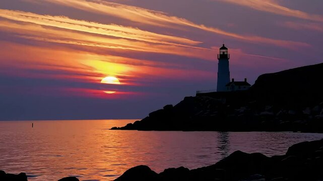 Lighthouse by ocean during vibrant sunset