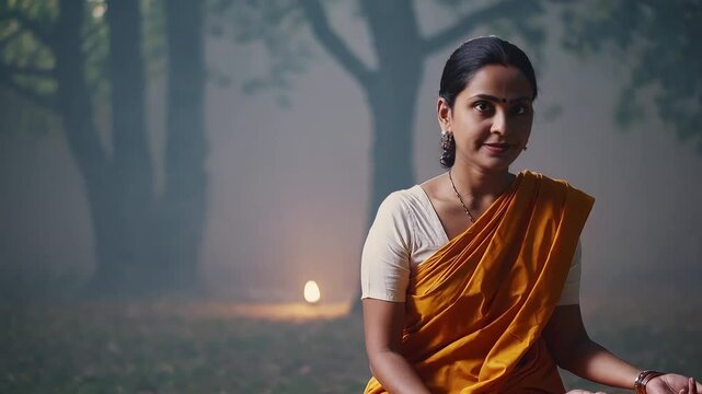 Spiritual woman meditating at twilight