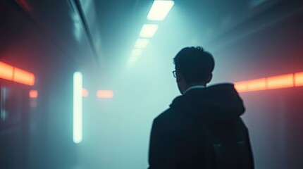 Fototapeta premium Man walking in a foggy tunnel with neon lights