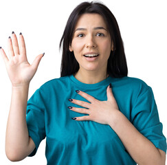 Young beautiful woman with facial expression of surprise standing over gray background.