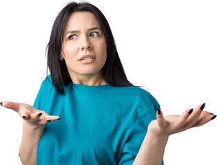 Young beautiful woman with facial expression of surprise standing over gray background.