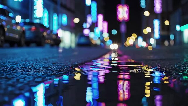 Neon lights and bokeh on wet urban street