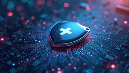 Cybersecurity shield protects medical data on circuit board. Digital health care system protects patient information, medical records, online access. Safety, security, data protection tech for