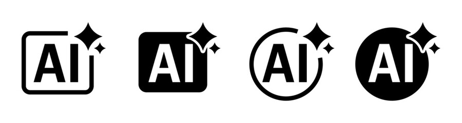 AI black buttons with stars set. Isolated artificial intelligence tools signs with text on white background. AI magic sparks concept on square and circle shapes.  Vector illustration.