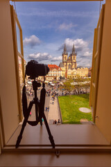 View of Church of Our Lady before Tyn from window, Prague, Czech Republic