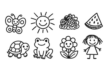Children's drawings, doodle style. tree, sun, animals. Coloring pages for children. Vector illustrations.
