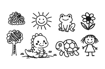 Children's drawings, doodle style. tree, sun, animals. Coloring pages for children. Vector illustrations.