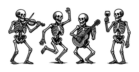 Set of skeletons in sketch style, hand drawn