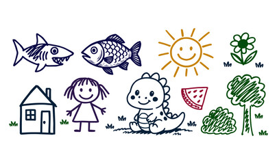Children's drawings, doodle style. House, tree, sun, animals. Coloring pages for children. Vector illustrations