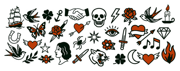 Vector Collection of old school tattoo elements. Traditional, Retro style. Butterfly, Fire, Heart, Rose, Swallow and Skull