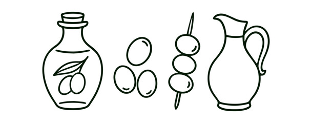 Simple line art of olives. Vector olive, olive oil, jug.