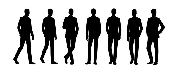 Silhouettes of diverse business people in full growth. Business concept. Black monochrome vector illustrations isolated on white background