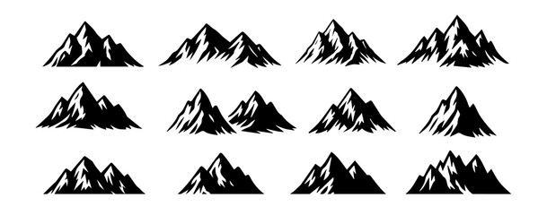 Set of black mountain peaks silhouettes. Vector isolated on white background 2025.