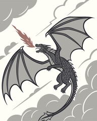 Majestic Dragon Soaring Through Clouds, Fire Breath Illustration
