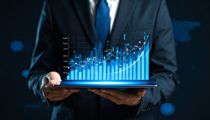 Businessman Analyzing Financial Data on Tablet with Holographic Graphs