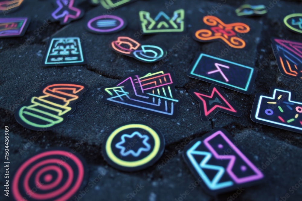 Poster retro 80s neon sticker pack displayed on dark textured surface illuminated by soft left zone light
