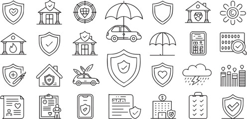 Fototapeta premium Insurance Icon Collection in Modern Editable Line Art Style