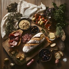 Spanish tapas on a wooden table, top view, copy space.