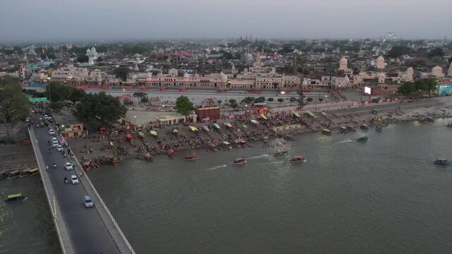 Drone Shot of Ayodhya &ndash; Aerial View of Ram Mandir, Sacred Temples, Saryu River, Ghats, and the Spiritual Landscape of the Holy City in Uttar Pradesh, India