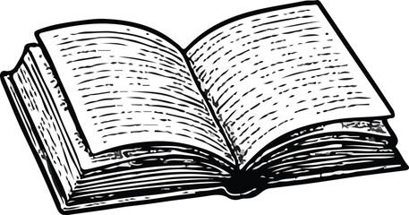 Obraz premium Black and white vintage line drawing of an open book with visible text, symbolizing knowledge, education, literature, reading, learning, study, and classic printed media