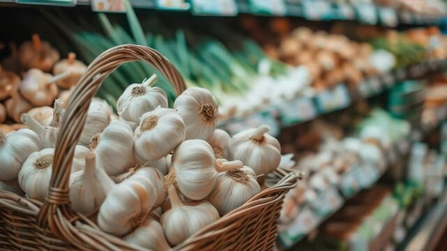 Fresh Organic Garlic in a Wooden Basket Surrounded by Colorful Vegetables in a Grocery Store Aisle  4k video footage