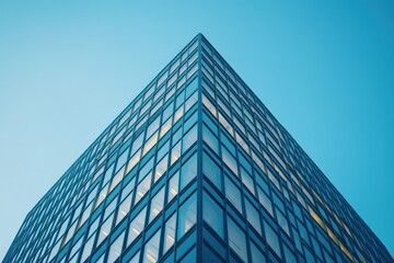 Fototapeta premium Modern glass building captured from ground level against a clear blue sky