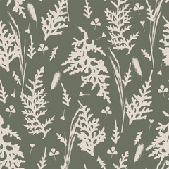 Cute floral seamless pattern with silhouettes of meadow wild herbs flowers. Flower vector illustration background. Print in rustic vintage style, textile or wallpapers.