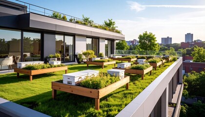 Obraz premium Urban beekeeping concept. Rooftop garden with planters and city skyline background.