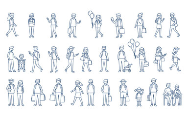 Outline People Walking and Daily Life Vector Illustrations Set