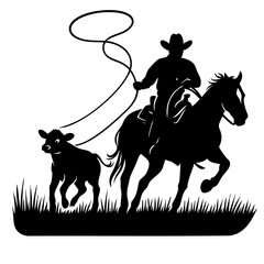 Cowboy and Calf Black and White isolated vector svg cut file clipart silhouette