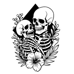 Skeleton Couple Hug Vector Black and White Clipart Cut File Svg Silhouette Isolated