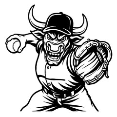 Bull Playing Baseball Vector Black and White Clipart Cut File Svg Silhouette Isolated