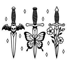 Dagger Trio Floral Vector Black and White Clipart Cut File Svg Silhouette Isolated