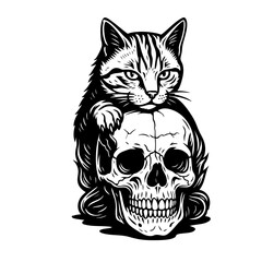 Cat On Skull Vector Black and White Clipart Cut File Svg Silhouette Isolated