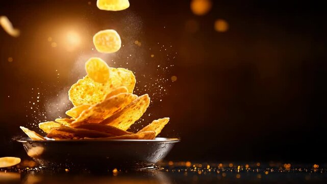Golden crispy potato chips in bowl, crunchy snack food with chips falling into bowl, perfect appetizer for snack time or party, warm lighting highlights fresh snack