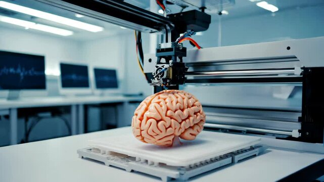 Medium shot of a 3D printer precisely fabricating a flesh-colored human brain model on a build plate in a brightly lit modern laboratory, with blurred computer monitors displaying data in the backgrou