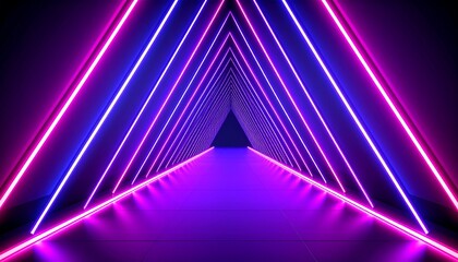 Neon light tunnel perspective. Vector realistic illustration of dark hall with triang