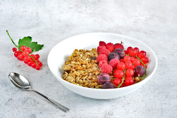 Delicious Granola and Berries Breakfast in a White Bowl on gray background