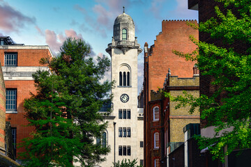 2025-04-27 THE DOMED CADAGON HALL FRAMED BY SURROUNDING BUILDINGS AND TREES IN THE KENSINGTON AREA  OF ENGLAND WITH A NICE SKY