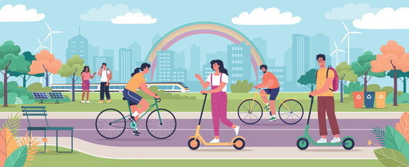 Happy people riding bikes, scooters and using public transport in modern eco-city