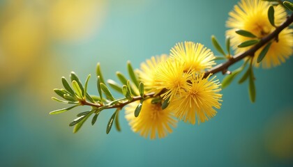 Close-up of vibrant yellow wattle tree branch with green leaves. Acacia pycnantha, national floral emblem of Australia. Springtime, sunny weather. Natural, botanical, eco concepts.