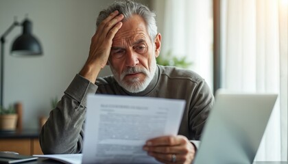 Worried senior man reads document, laptop on desk. Mature person deals with paperwork, financial issues, health concern. Elderly man with gray hair reviews information, considers tax, legal issues.