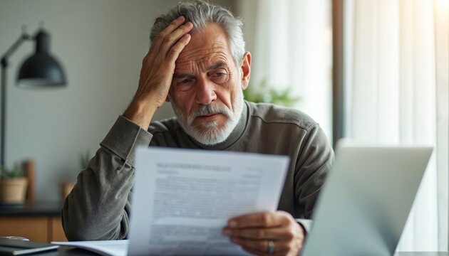 Worried senior man reads document, laptop on desk. Mature person deals with paperwork, financial issues, health concern. Elderly man with gray hair reviews information, considers tax, legal issues.