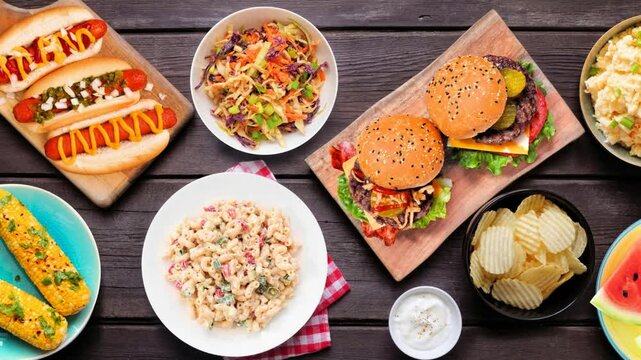 Summer food table scene with hot dogs, hamburger and sides. Stop motion table setting placement video. Above view over a dark wood background.
