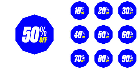Discount percent stickers. Discount price tags set. Colored Decagonal Shaped Discount Percentage tags with sell up to 10%, 20% ,30%, 40%, 50%, 60%, 70%, 80%, 90%. Editable EPS file.
