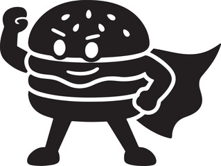 Silhouette vector of a burger as a cartoon superhero, perfect for fun food branding, kids’ menus, and playful restaurant promotions.