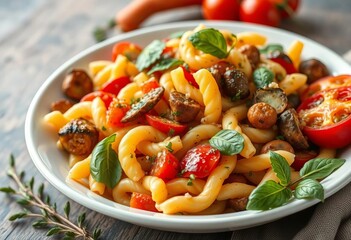 Vibrant pasta salad with roasted vegetables and herbs,  colorful,  olive oil
